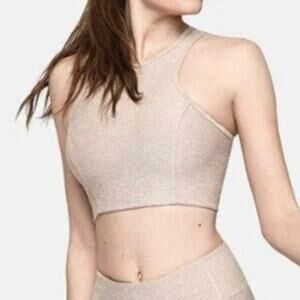 Outdoor Voices Athena Heathered Oatmeal High Neck Cropped Active Tank Large